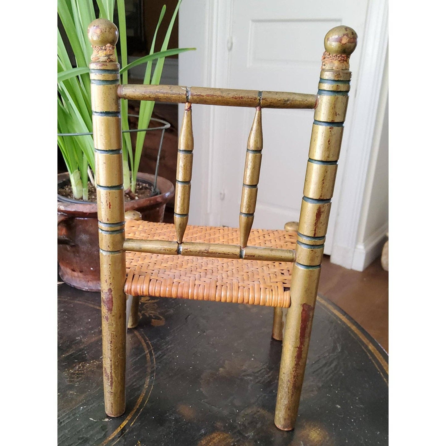 Antique Miniature Faux Bamboo Side Chair, Woven Cane Seat