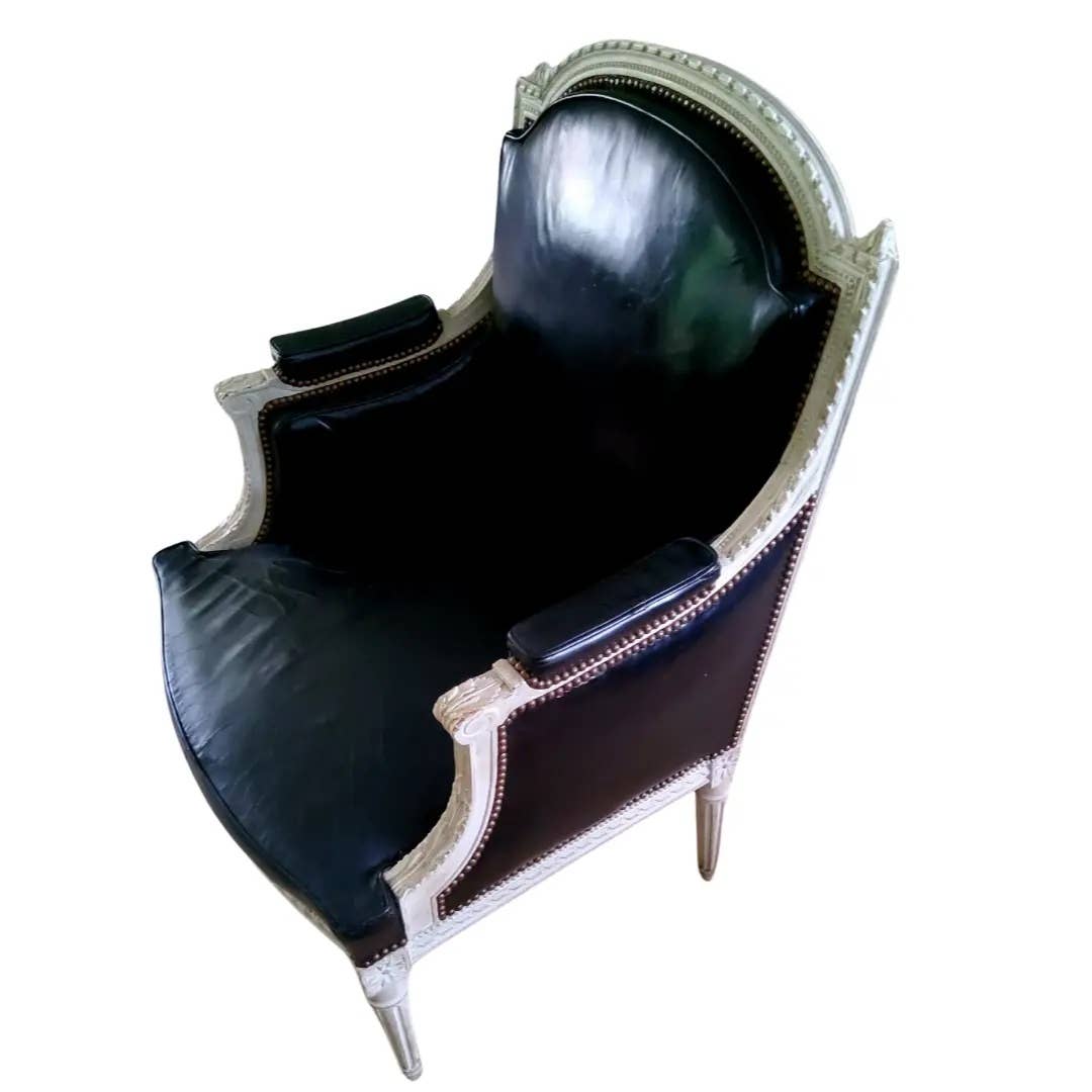 French Louis XVI Style Bergère With Leather Upholstery
