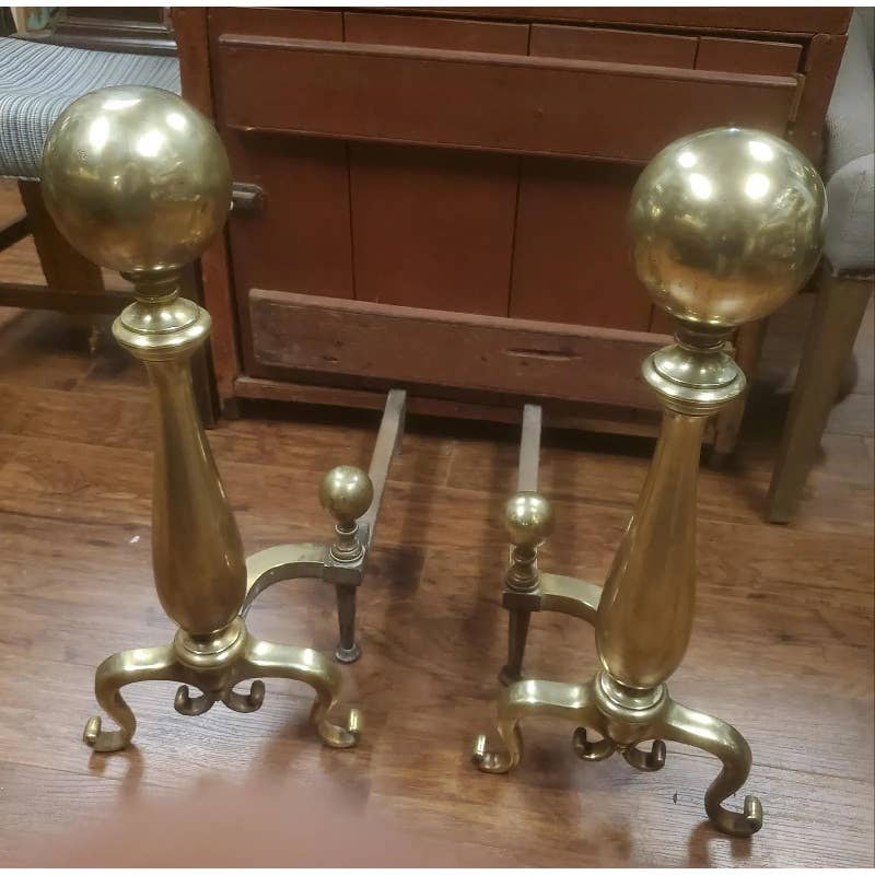 Early 20th Century Large Brass Cannonball Andirons - a Pair