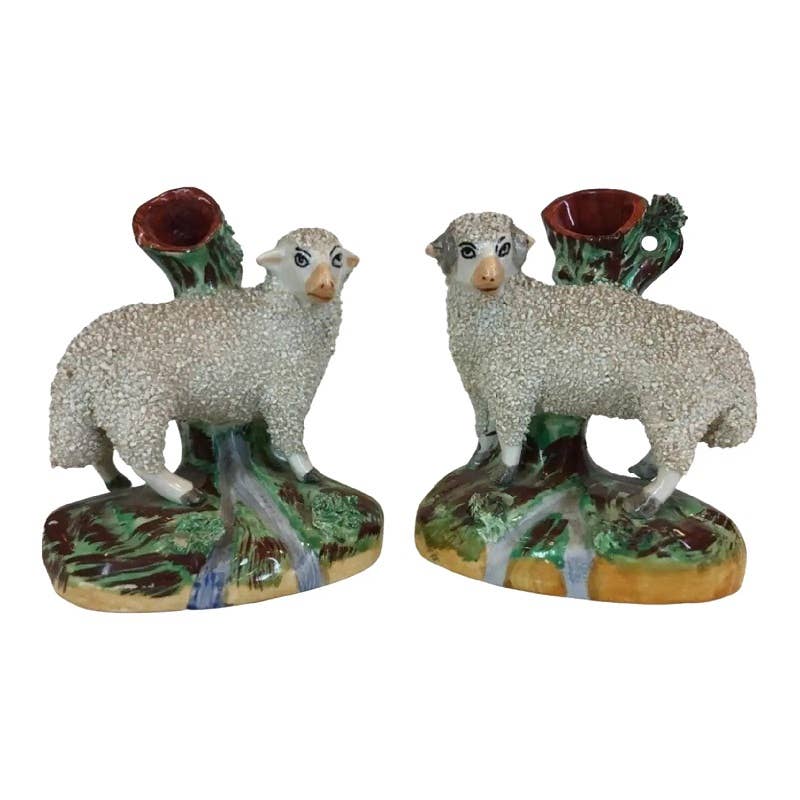 Antique English Staffordshire Lamb Ram and Ewe Spill Vases- a Pair