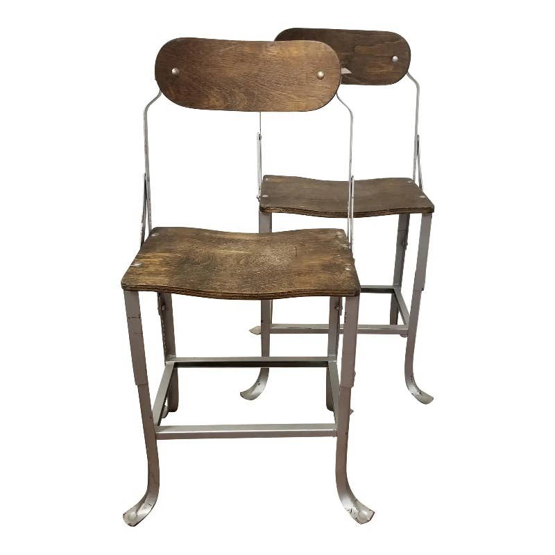 1930's Vintage Industrial "No.280" Angled Steel Salvaged Chicago Factory Office Posture Chairs- A Pair