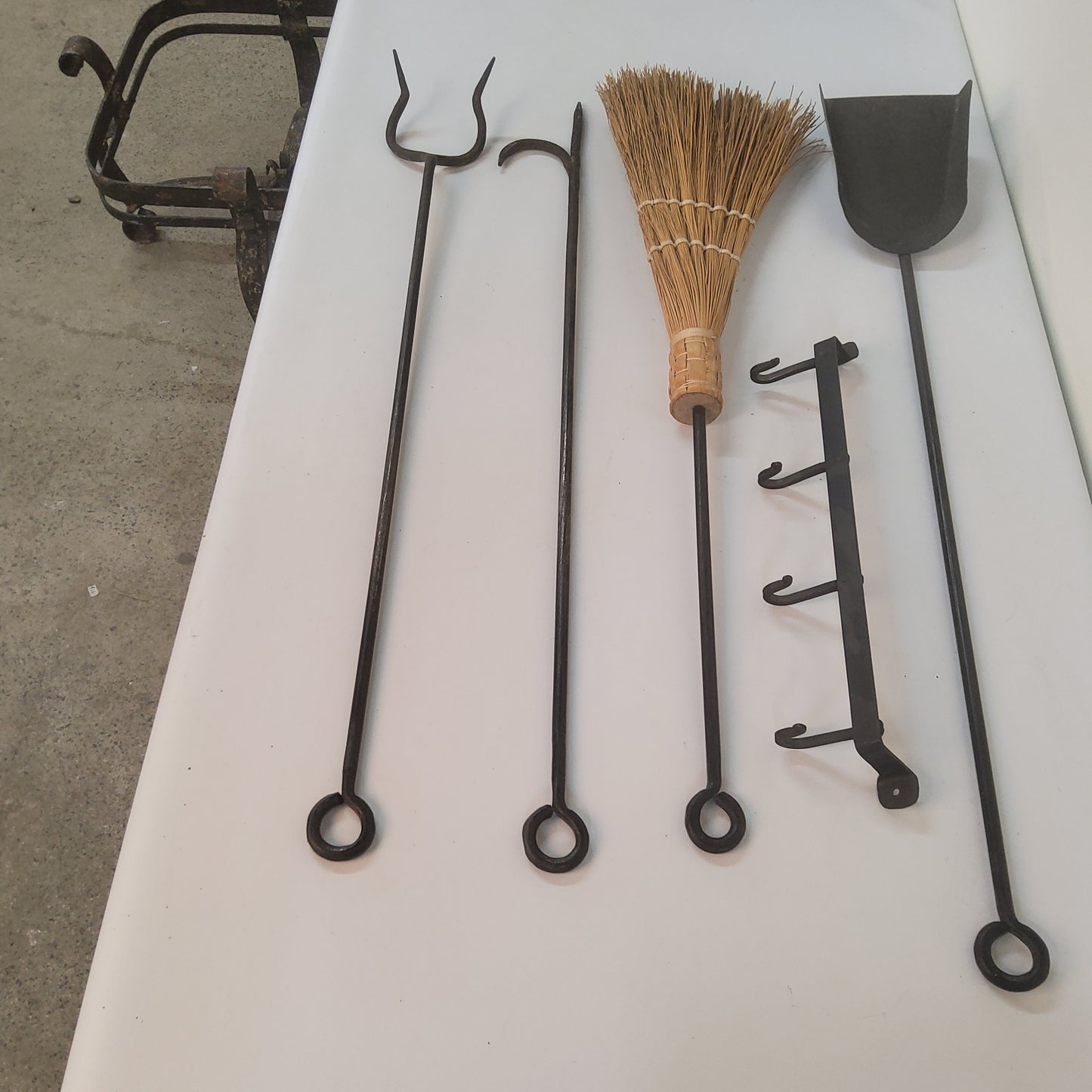 Vintage hand forged fireplace tool set