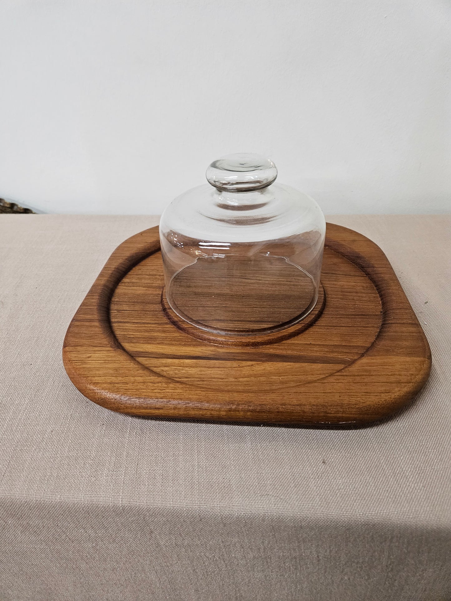 1970's Teak Wood Snack Tray with Glass Cheese Cloche