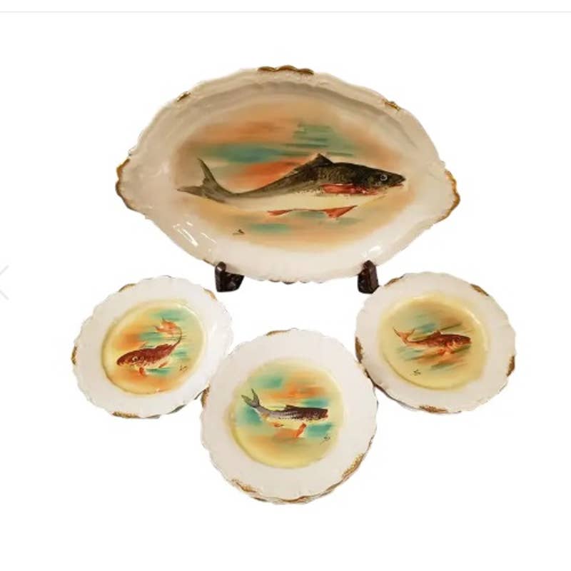 Limoges Fish Set Antique Flambeau Co. Platter & Plates - Set of 9