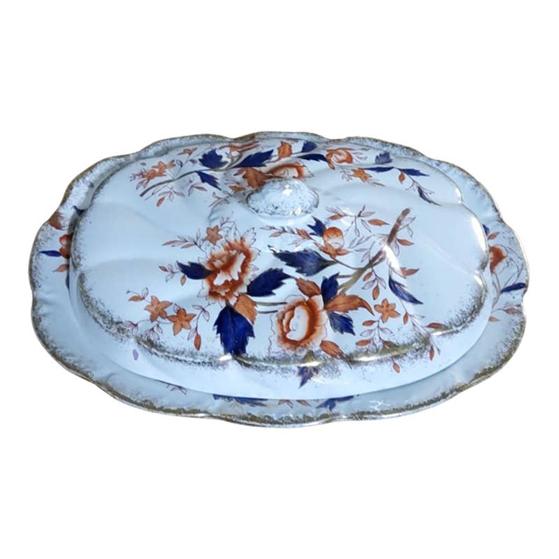 Antique English Imari Pattern Ironstone Lidded Meat Platter