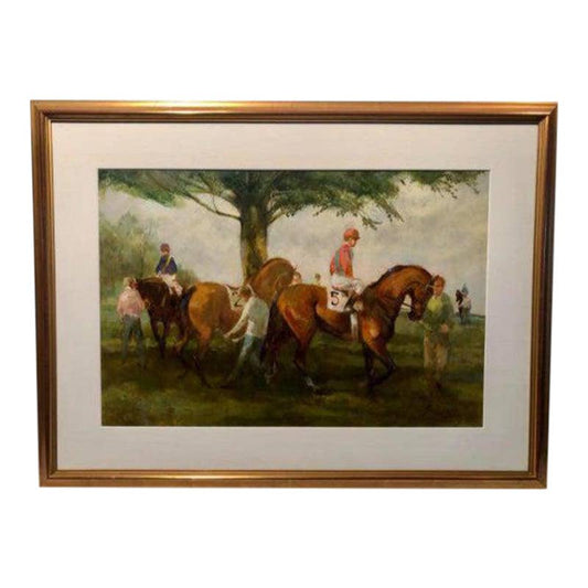 Late 20th Century "Point to Point at Winthertur" Equestrian Painting, by Ralph Scharrf, Framed