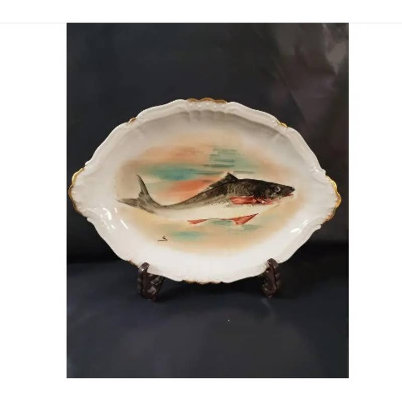 Limoges Fish Set Antique Flambeau Co. Platter & Plates - Set of 9