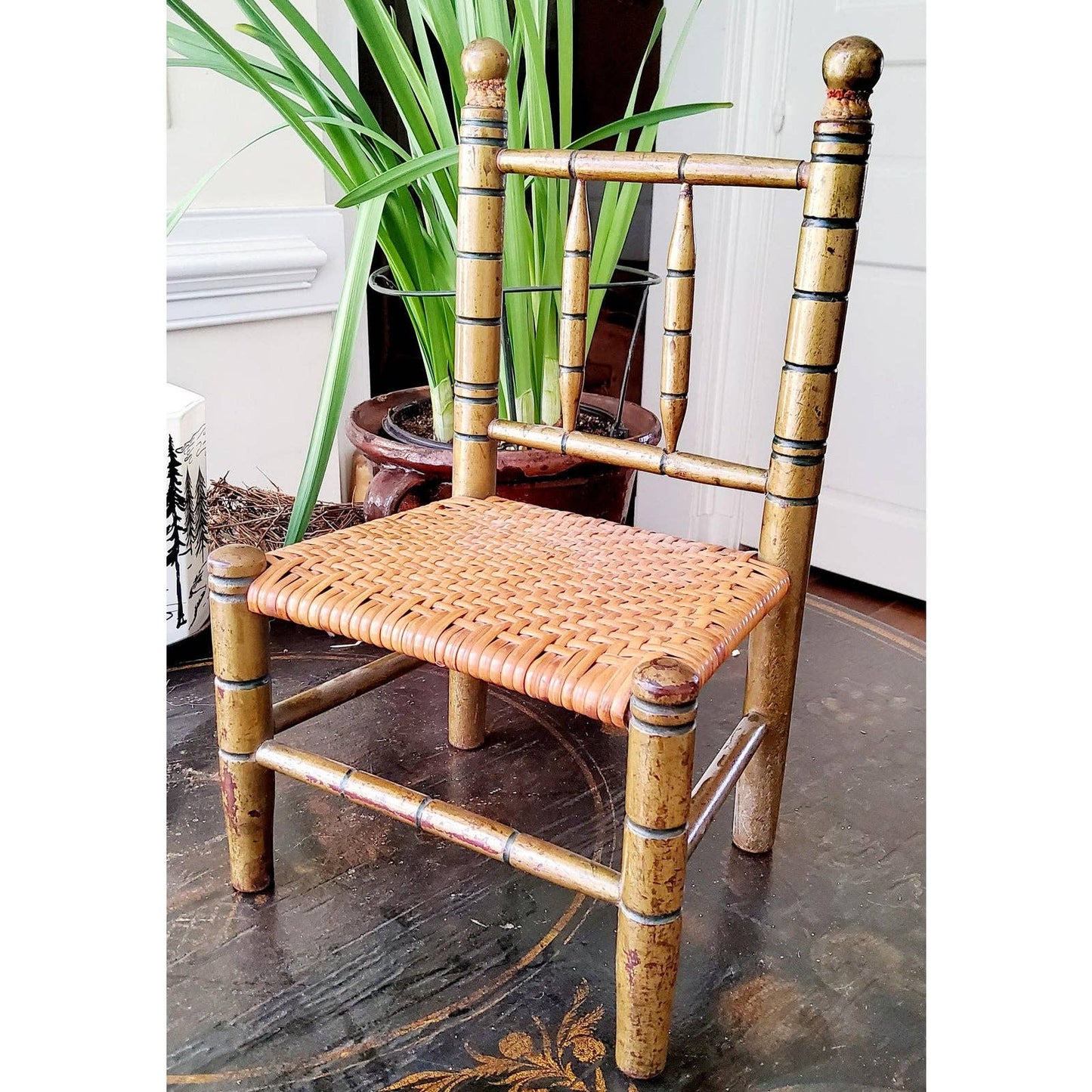 Antique Miniature Faux Bamboo Side Chair, Woven Cane Seat