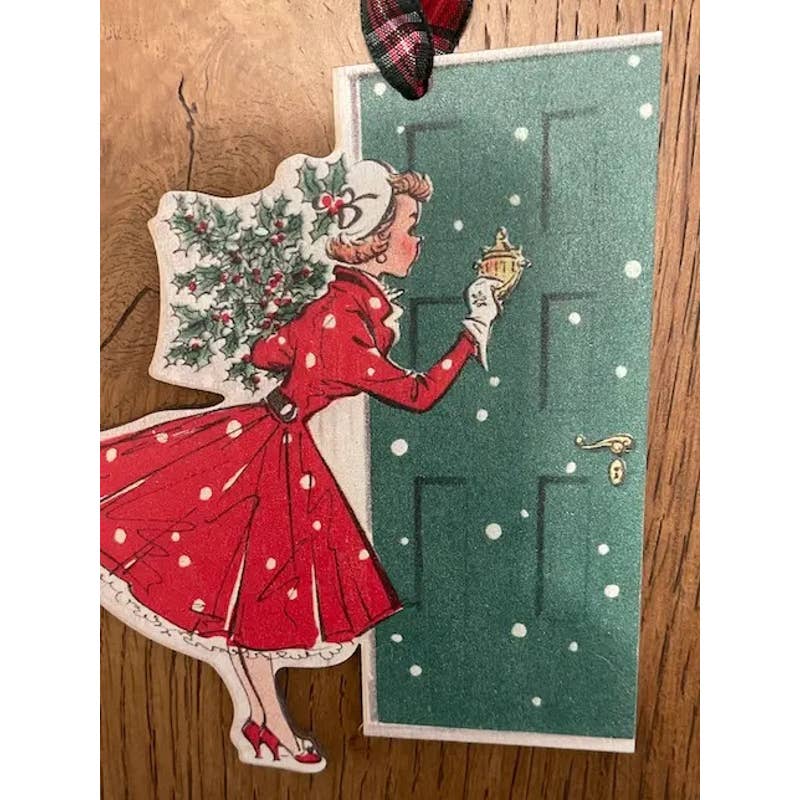Vintage Woman Knocking Christmas Holiday Wood Ornament