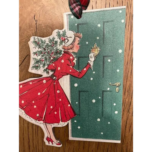 LIVE -Vintage Woman Knocking Christmas Holiday Wood Ornament