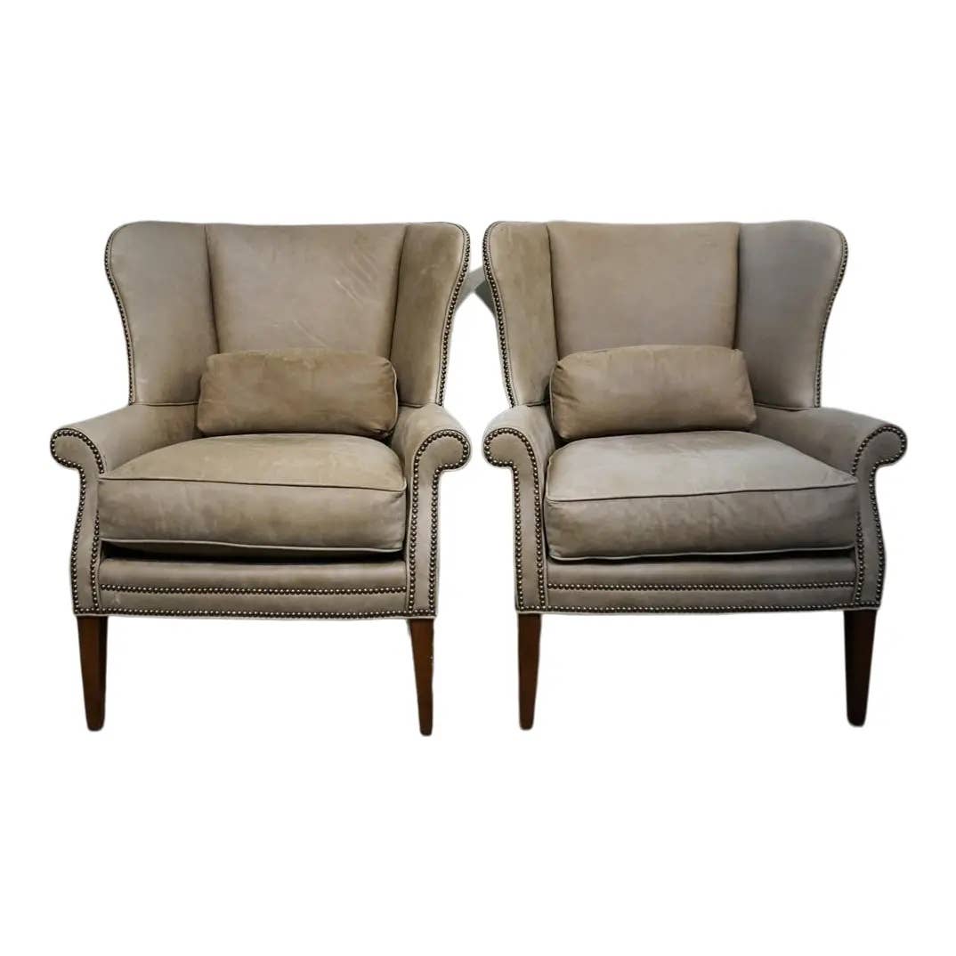 Ferguson Copeland, Ltd, Nail Studded Suede Upholstered Lounge Chairs - a Pair