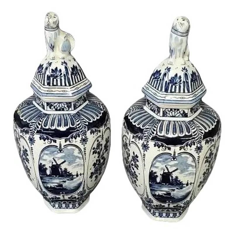 Antique Cobalt Blue Delft Ginger Jar, Blue & White, Royal Sphinx by Boch, Delft Foo Dog Finial, Belgium Holland