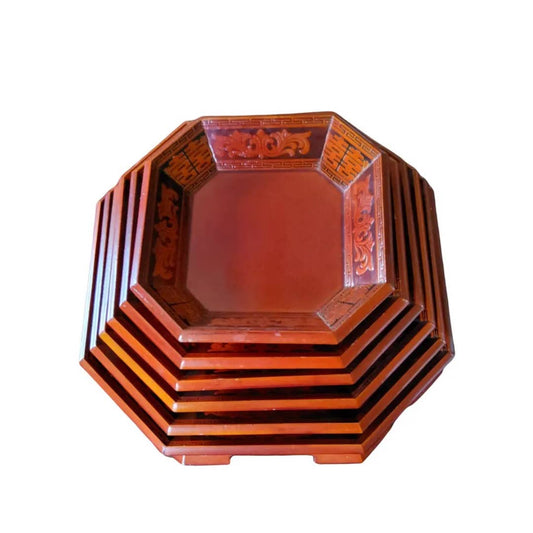LIVE -Vintage Octagonal Korean Stacking Wooden Lacquerware Serving Trays / Bowls- Set of 6