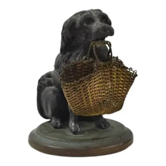 19th Century Bronze and Brass Spaniel Dog With Gold Wirework Market Basket