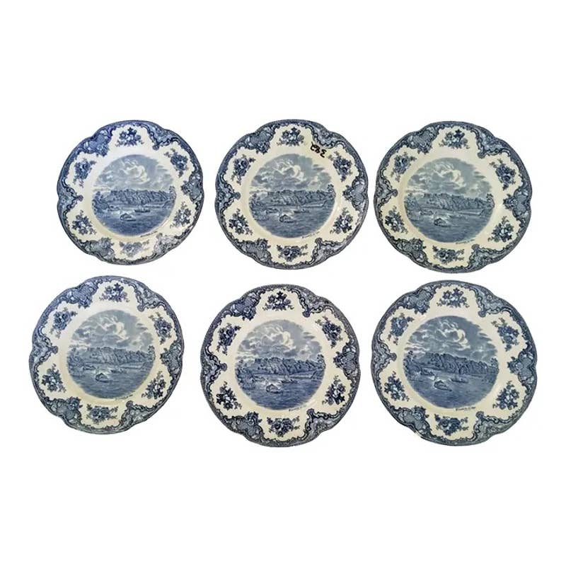 1940s Johnson Bros. "Old Britain Castles" Scalloped Blue & White Transfer Ware Plates- Set of 6