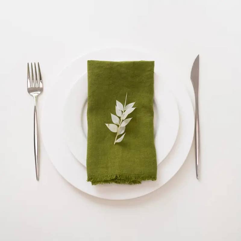 Christmas Green Linen Napkins with Fringes Set of 2