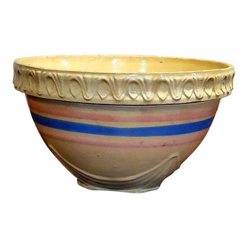 1930s Stoneware Mixing Bowl With Blue Pink Stripes