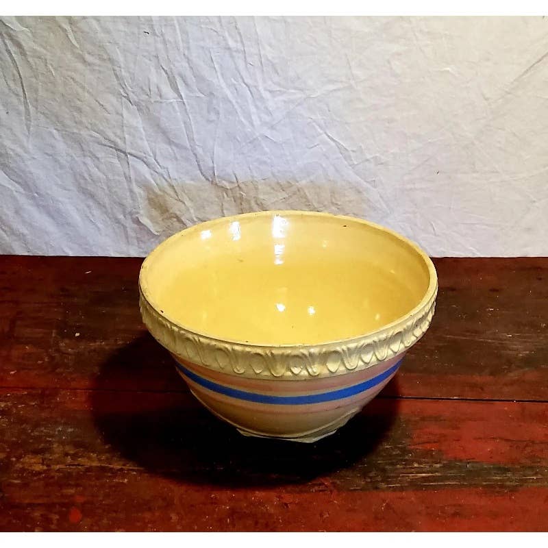 1930s Stoneware Mixing Bowl With Blue Pink Stripes