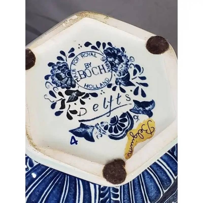 Antique Cobalt Blue Delft Ginger Jar, Blue & White, Royal Sphinx by Boch, Delft Foo Dog Finial, Belgium Holland