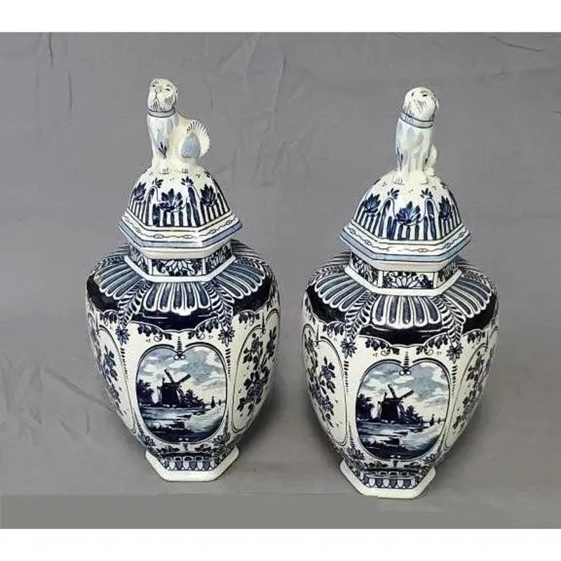 Antique Cobalt Blue Delft Ginger Jar, Blue & White, Royal Sphinx by Boch, Delft Foo Dog Finial, Belgium Holland