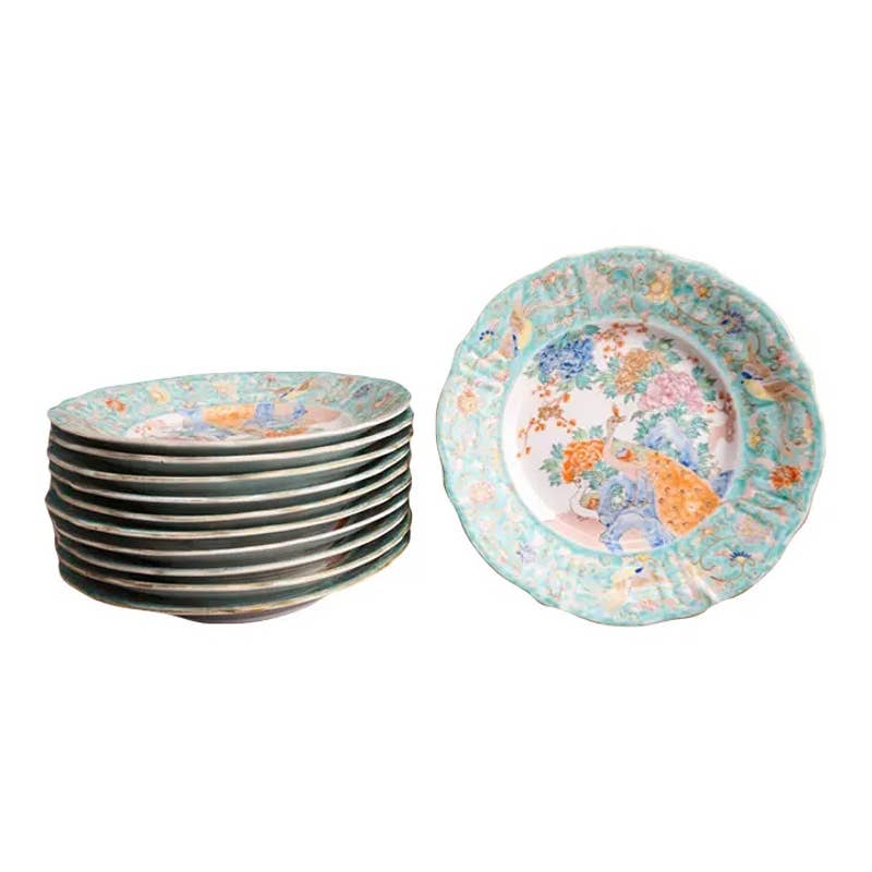Early 20th Century Japanese  Peacock Deep Plates- Set of 10