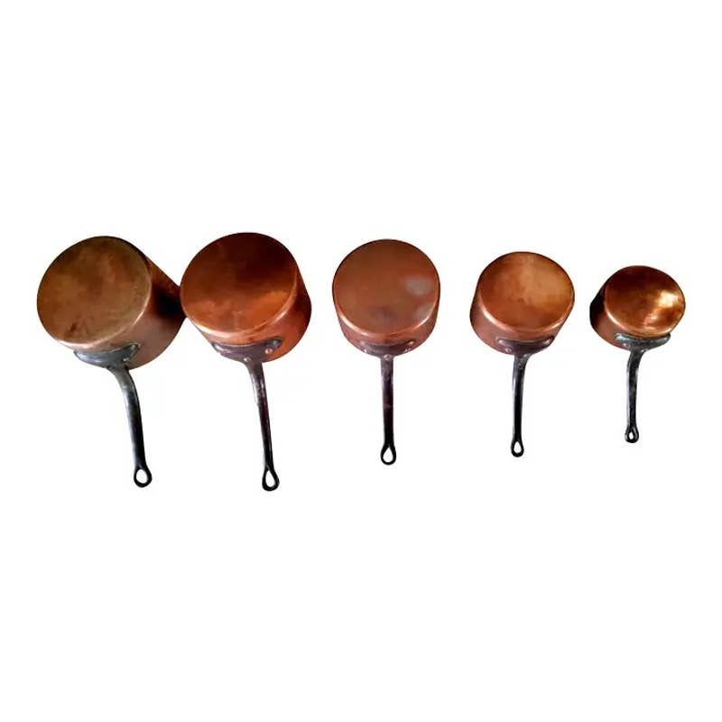 1940s Graduated French Iron and Copper Pots- Set of 5