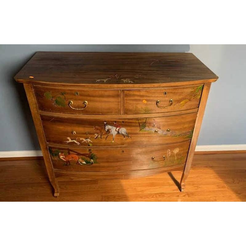 Mahogany Bowfront Chest w/Painted Fox Scenes