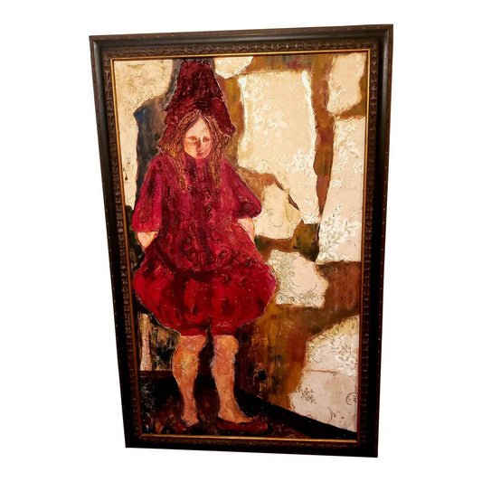1960s Expressionist Portrait Oil Painting of a Girl in Red, Framed