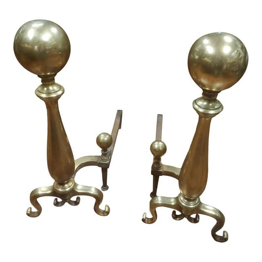 Early 20th Century Large Brass Cannonball Andirons - a Pair