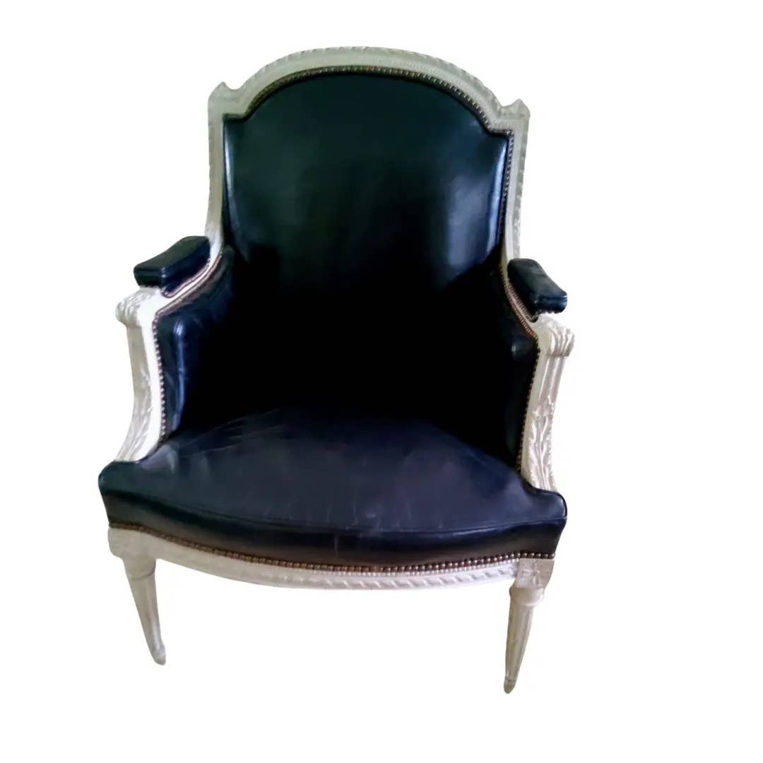 French Louis XVI Style Bergère With Leather Upholstery