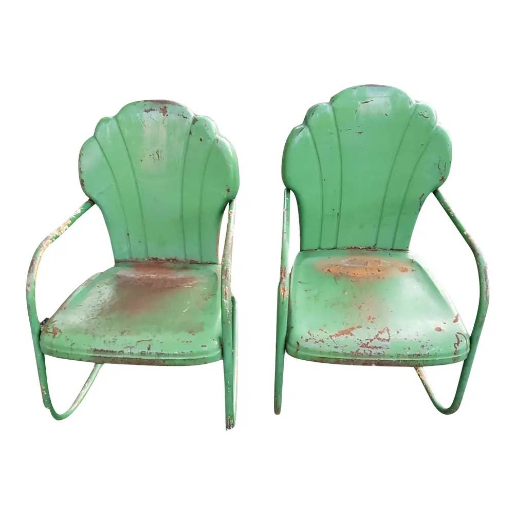 1930s Cantilevered Metal Garden Lawn Chairs - Set of 2