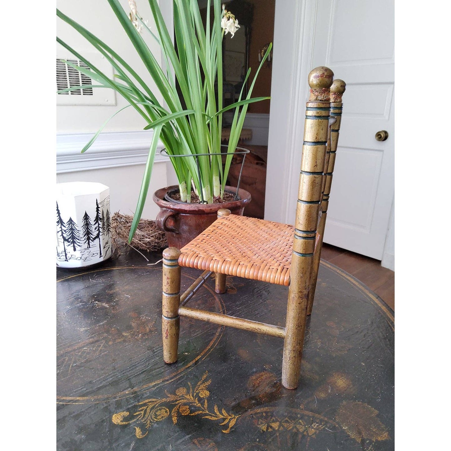 Antique Miniature Faux Bamboo Side Chair, Woven Cane Seat