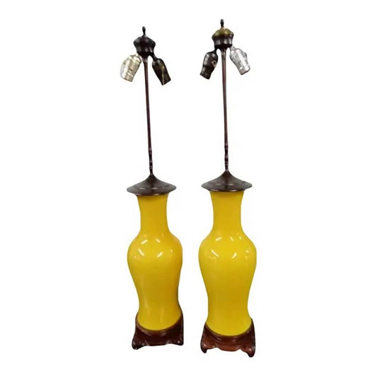 Pair of 1960s Japanese Asian Yellow Porcelain Table Lamps